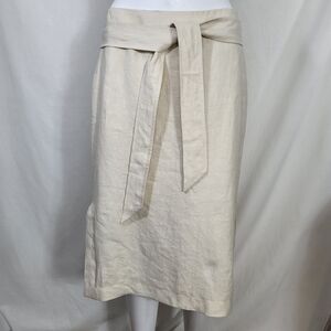 Talbots Beige Linen SKIRT Womens Size 10P MIDI Tie Belt Side Slits Back Zip